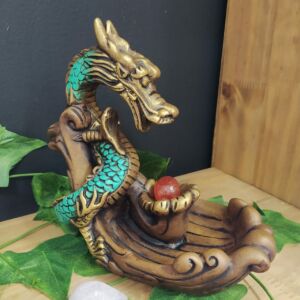 PORTA INCENSO CASCATA DRAGÃO FECHADO ENVELHECIDO C/ TURQUESA 17CM