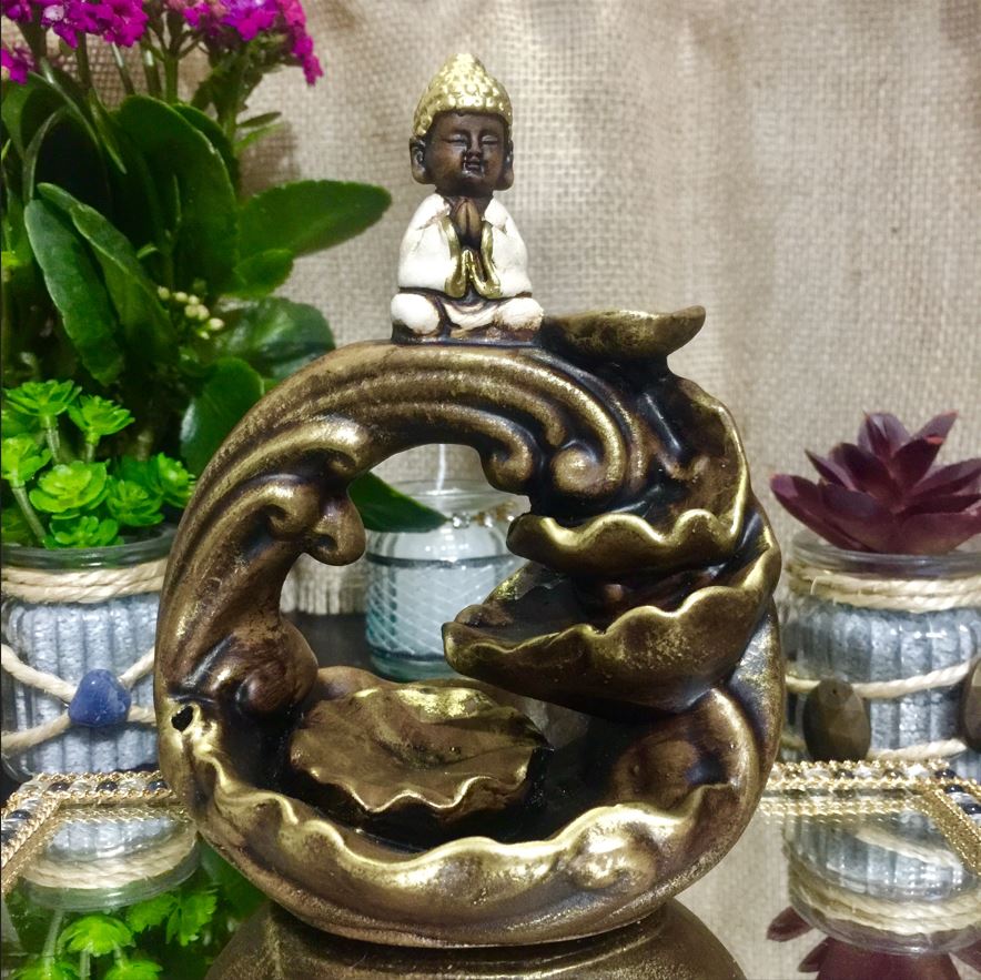 PORTA INCENSO CASCATA BUDA MAIOR ENVELHECIDO C/ BRANCO 15CM - Imagem 2