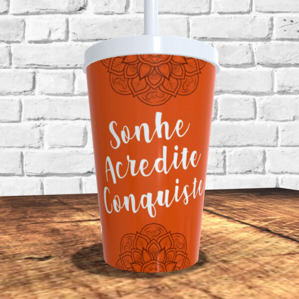 COPO COM CANUDO HOLOGRÁFICO 550ML LINHA MANDALAS REF0237 - CASA FÉ
