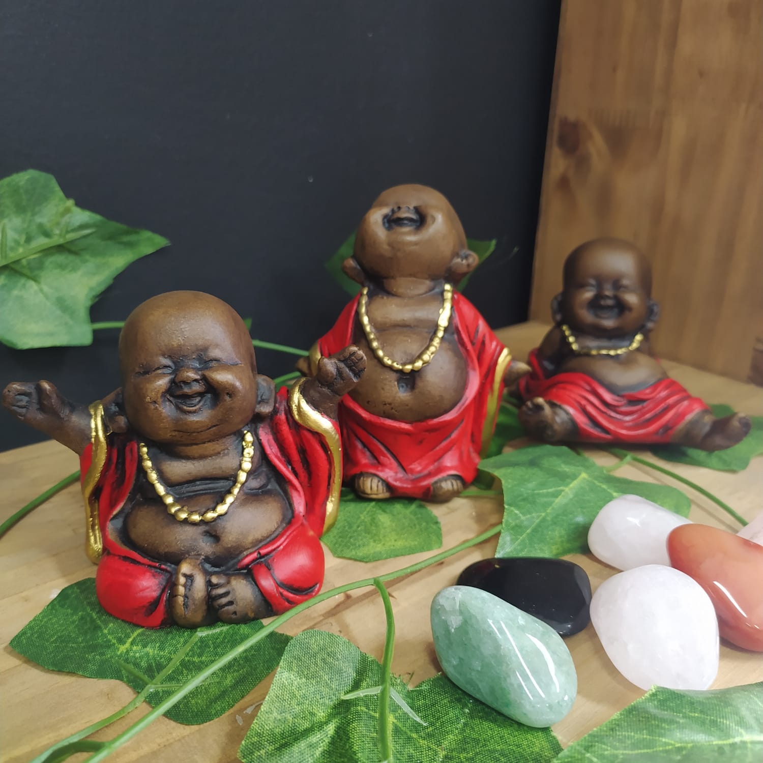 TRIO DE BUDAS FELIZ ENVELHECIDO C/ VERMELHO 10CM