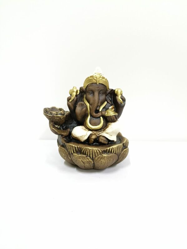 PORTA INCENSO CASCATA GANESHA FLOR DE LÓTUS ENVELHECIDO C/ BRANCO 10CM - Imagem 2