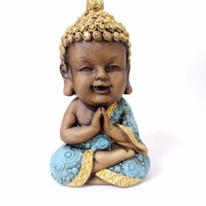 BUDA CRESPO SENTADO ENVELHECIDO COM AZUL 19CM