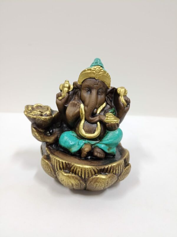 PORTA INCENSO CASCATA GANESHA FLOR DE LÓTUS ENVELHECIDO COM TURQUESA 10CM - Image 2