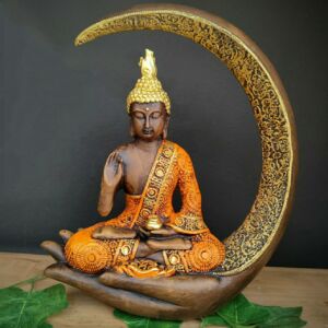 PORTA INCENSO BUDA NA LUA LARANJA 27CM