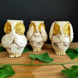 IMAGEM DE GESSO TRIO DE CORUJA BRANCA 11CM