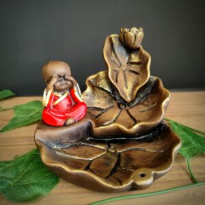 PORTA INCENSO CASCATA FOLHAS COM BUDA VERMELHO 12CM