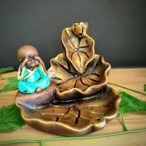 PORTA INCENSO CASCATA FOLHAS COM BUDA TURQUESA 12CM