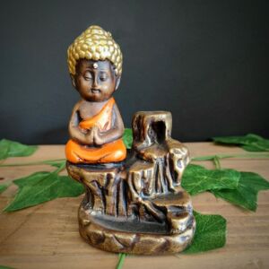 PORTA INCENSO CASCATA BUDA MENOR ENVELHECIDO COM LARANJA 12CM