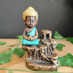 PORTA INCENSO CASCATA BUDA MENOR ENVELHECIDO COM TURQUESA 12CM
