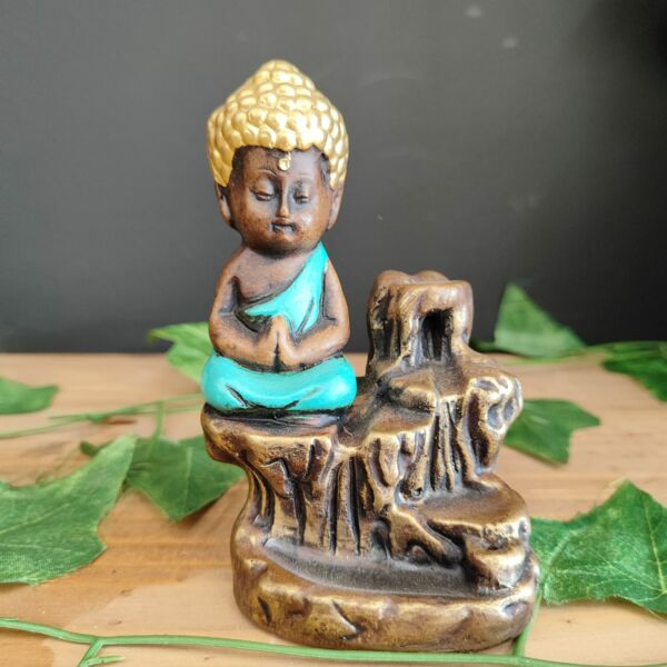 PORTA INCENSO CASCATA BUDA MENOR ENVELHECIDO COM TURQUESA 12CM