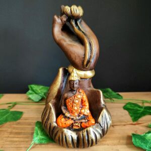 PORTA INCENSO CASCATA BUDA NA MÃO ENVELHECIDO COM LARANJA 20CM