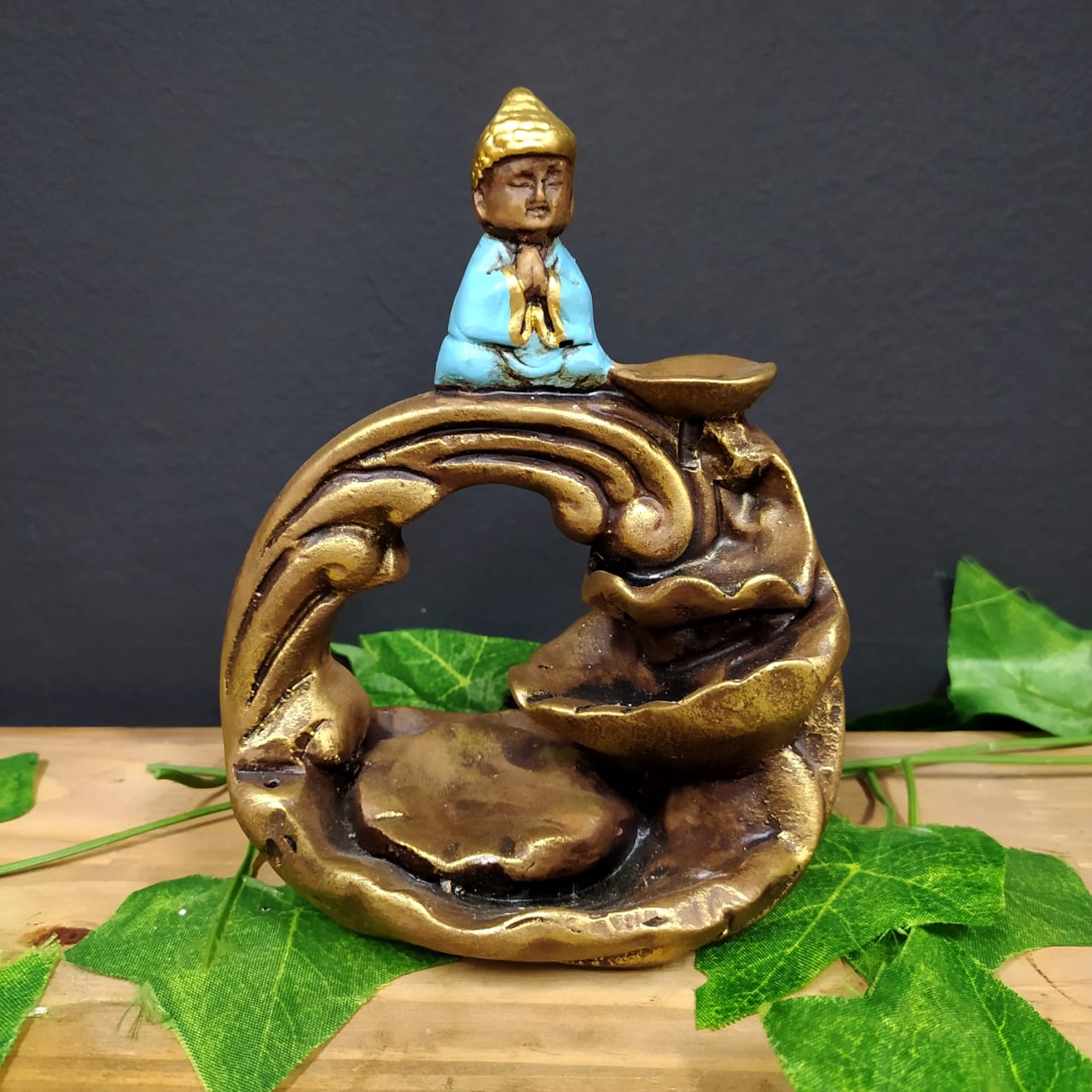 PORTA INCENSO CASCATA BUDA MAIOR ENVELHECIDO C/ AZUL 15CM