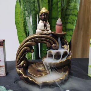 PORTA INCENSO CASCATA BUDA MAIOR ENVELHECIDO C/ BRANCO 15CM