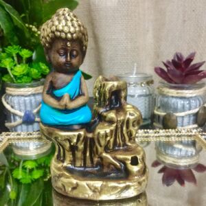 PORTA INCENSO CASCATA BUDA MENOR ENVELHECIDO COM AZUL 12CM