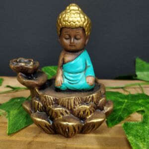 PORTA INCENSO CASCATA BUDA FLOR DE LÓTUS ENVELHECIDO C/ TURQUESA 11CM