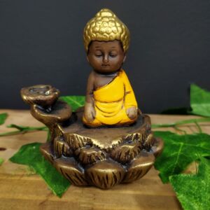 PORTA INCENSO CASCATA BUDA FLOR DE LÓTUS ENVELHECIDO C/ AMARELO 11CM