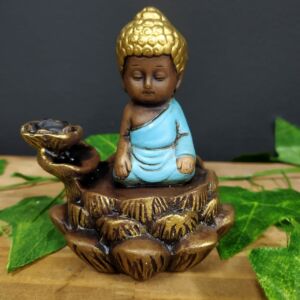 PORTA INCENSO CASCATA BUDA FLOR DE LÓTUS ENVELHECIDO C/ AZUL 11CM