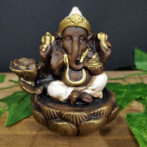 PORTA INCENSO CASCATA GANESHA FLOR DE LÓTUS ENVELHECIDO C/ BRANCO 10CM