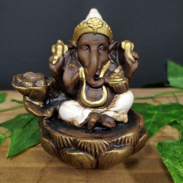 PORTA INCENSO CASCATA GANESHA FLOR DE LÓTUS ENVELHECIDO C/ BRANCO 10CM