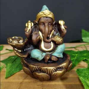 PORTA INCENSO CASCATA GANESHA FLOR DE LÓTUS ENVELHECIDO COM TURQUESA 10CM
