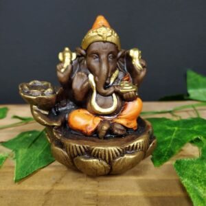 PORTA INCENSO CASCATA GANESHA FLOR DE LÓTUS ENVELHECIDO C/ LARANJA 10CM