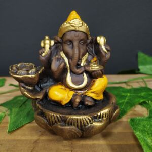 PORTA INCENSO CASCATA GANESHA FLOR DE LÓTUS ENVELHECIDO C/ AMARELO 10CM