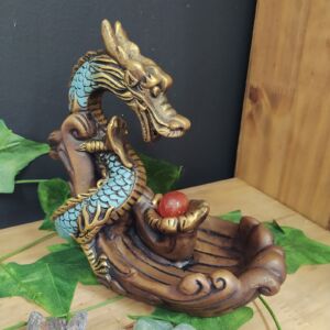 PORTA INCENSO CASCATA DRAGÃO FECHADO ENVELHECIDO C/ AZUL 17 CM