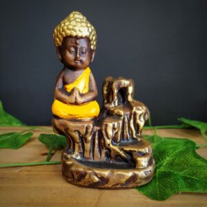 PORTA INCENSO CASCATA BUDA MENOR ENVELHECIDO C/ AMARELO 12CM