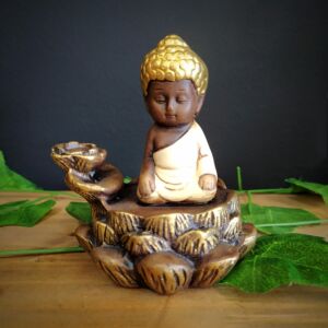 PORTA INCENSO CASCATA BUDA FLOR DE LÓTUS ENVELHECIDO COM BRANCO 11CM