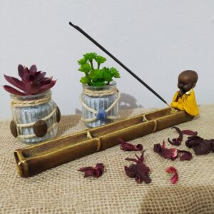 PORTA INCENSO BAMBU BUDA AMARELO 26CM