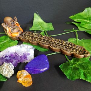 PORTA INCENSO DE RÉGUA BUDA BRAÇOS ABERTOS LARANJADO 19CM