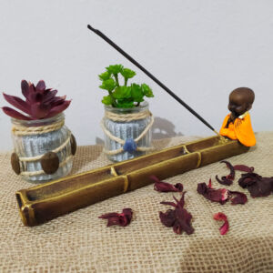 PORTA INCENSO BAMBU BUDA LARANJADO 26CM