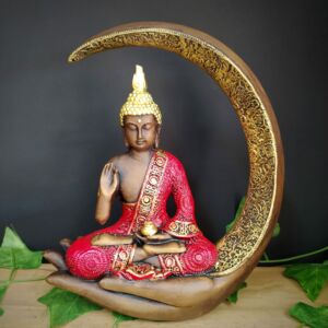 PORTA INCENSO BUDA NA LUA VERMELHO 27CM