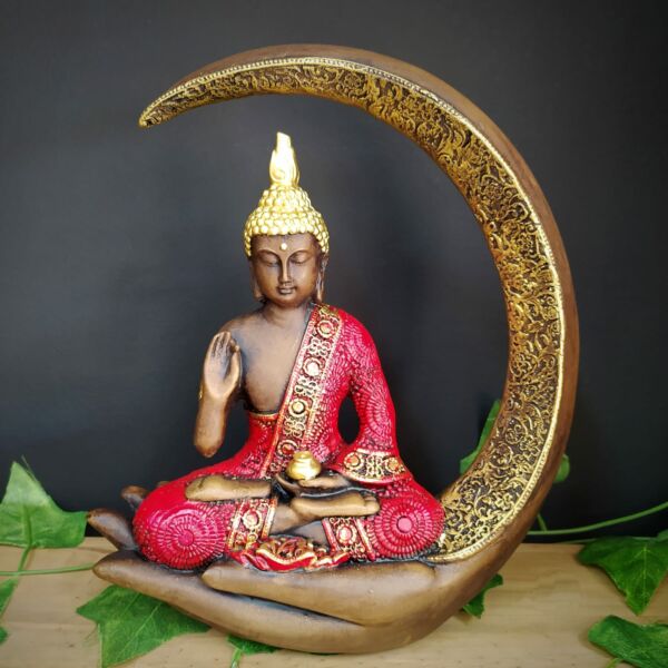 PORTA INCENSO BUDA NA LUA VERMELHO 27CM