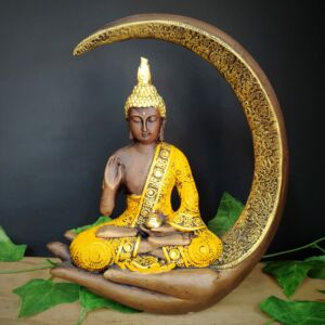 PORTA INCENSO BUDA NA LUA AMARELO 27CM