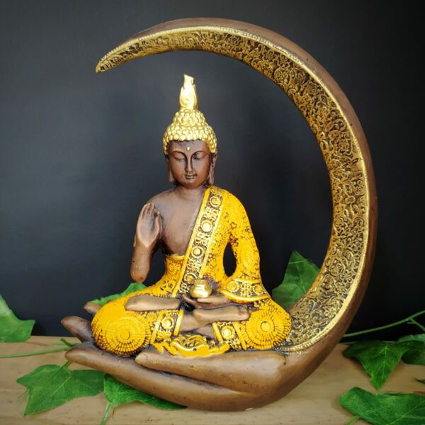 PORTA INCENSO BUDA NA LUA AMARELO 27CM