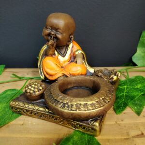 PORTA INCENSO E VELA QUADRADO BUDA ZEN LARANJA 9CM