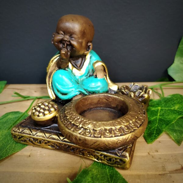 PORTA INCENSO E VELA QUADRADO BUDA ZEN TURQUESA 9CM