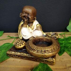 PORTA INCENSO E VELA QUADRADO BUDA ZEN BRANCO 9CM