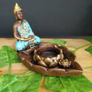 PORTA INCENSO E VELA BUDA NA FOLHA  AZUL 10CM