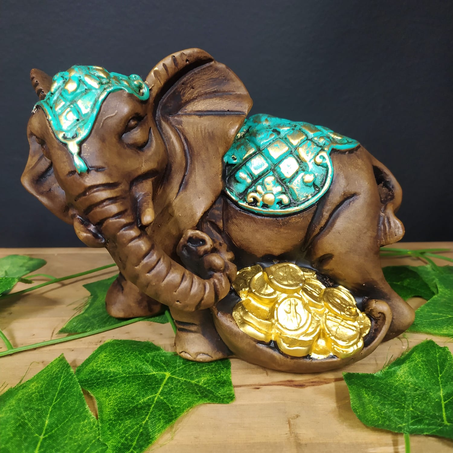 ELEFANTE COM MOEDAS TURQUESA 14CM