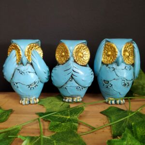 IMAGEM DE GESSO TRIO DE CORUJA AZUL 11CM