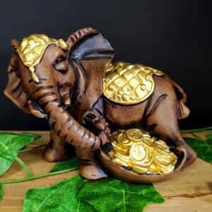 ELEFANTE COM MOEDAS DOURADO 14CM