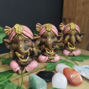 TRIO DE GANESHA ENVELHECIDO C/ ROSA 11CM
