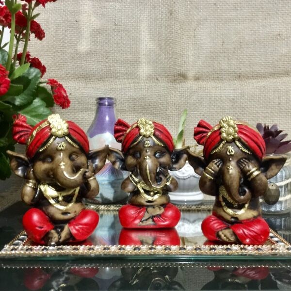 TRIO DE GANESHA ENVELHECIDO C/ VERMELHO 11CM - Imagem 3