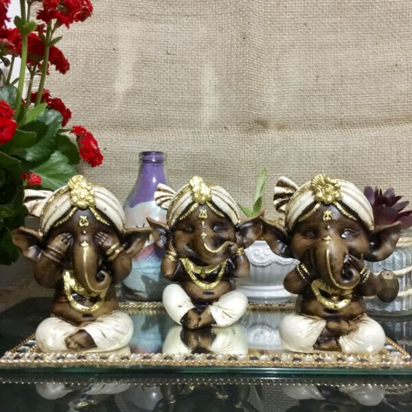 TRIO DE GANESHA ENVELHECIDO C/ BRANCO 11CM - Imagem 2