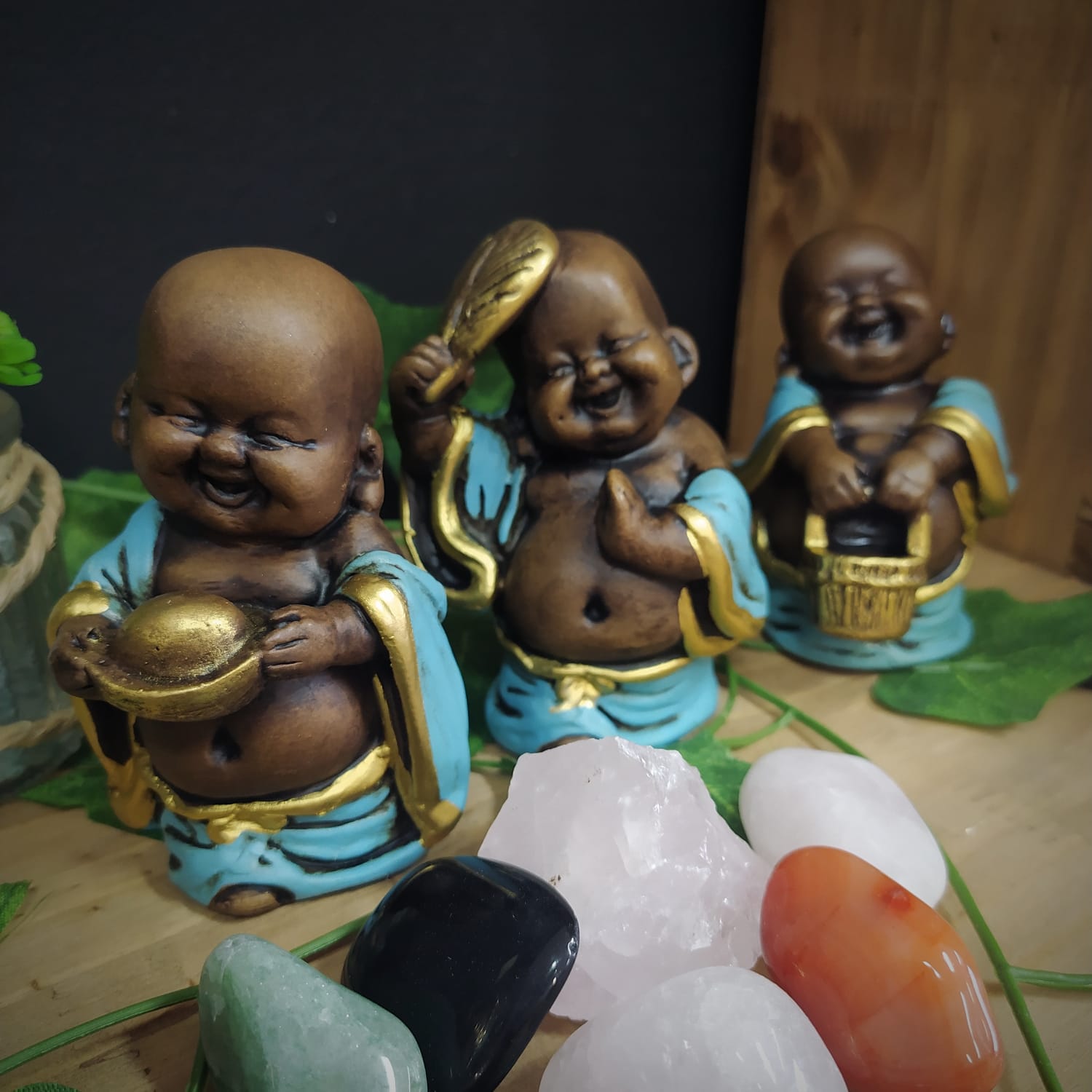 TRIO DE BUDAS CAMPONÊS ENVELHECIDO C/ AZUL 10CM