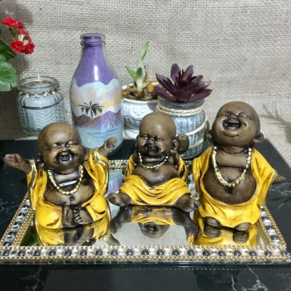 TRIO DE BUDAS FELIZ ENVELHECIDO C/ AMARELO 10CM - Imagem 2