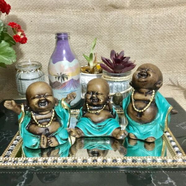 TRIO DE BUDAS FELIZ ENVELHECIDO C/ TURQUESA 10CM - Imagem 2
