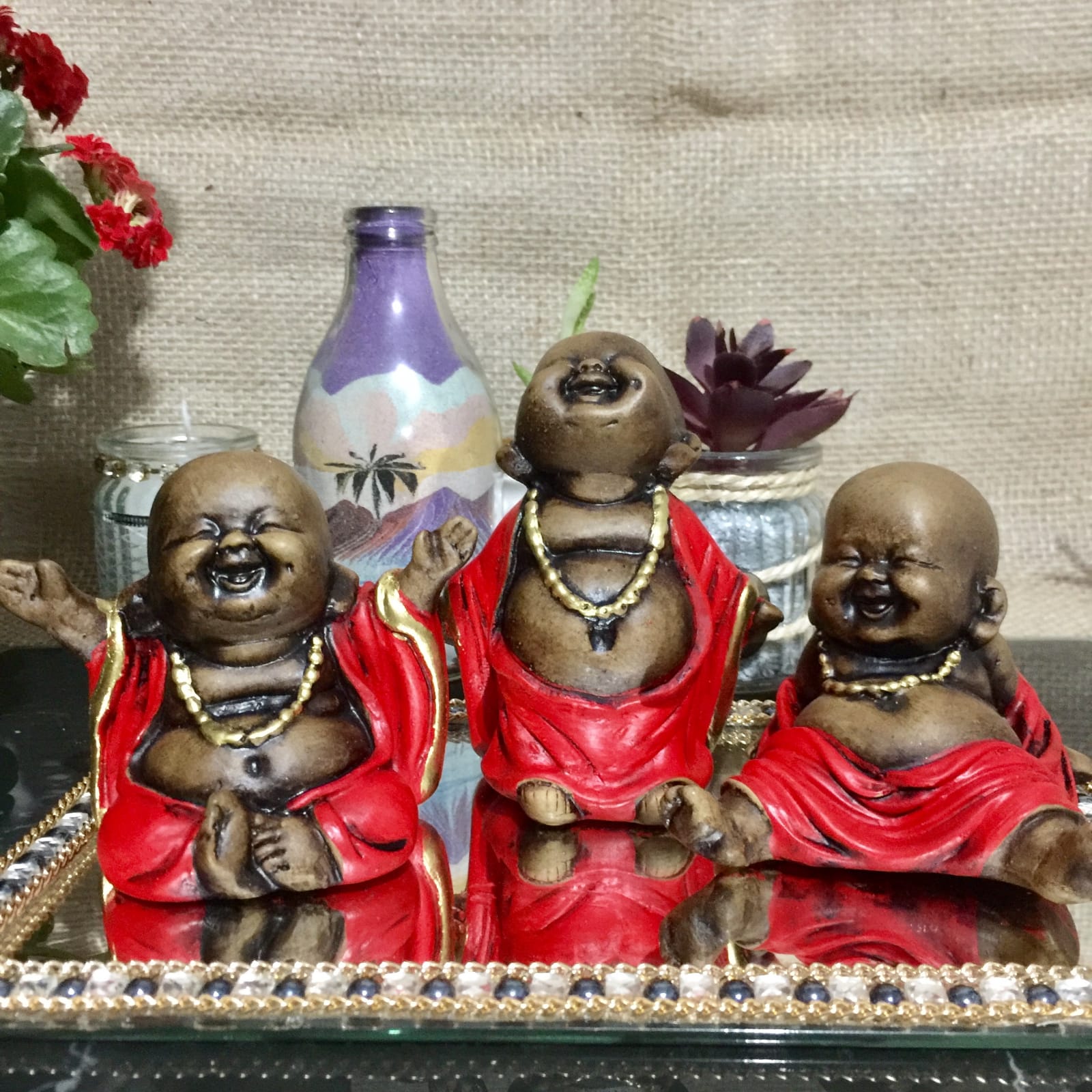 TRIO DE BUDAS FELIZ ENVELHECIDO C/ VERMELHO 10CM - Imagem 2